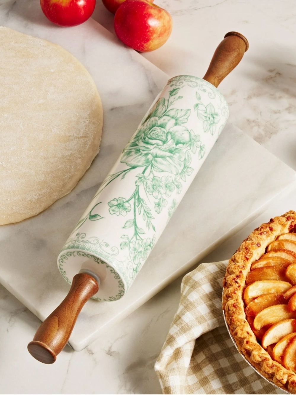 Pioneer Woman Green Agatha Stoneware Rolling Pin with Wood Handles